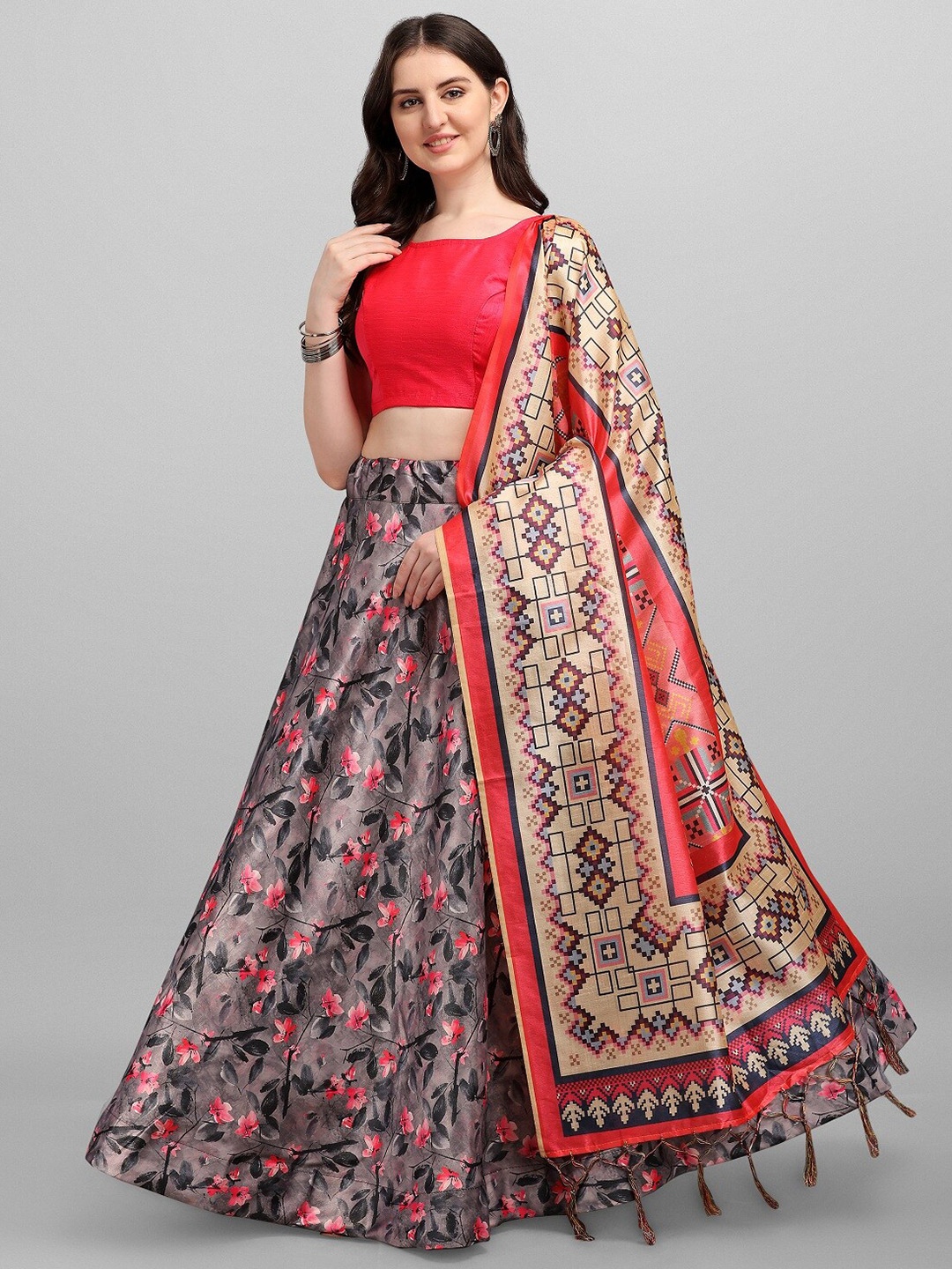 

Fashion Basket Grey & Pink Semi-Stitched Lehenga & Unstitched Blouse With Dupatta