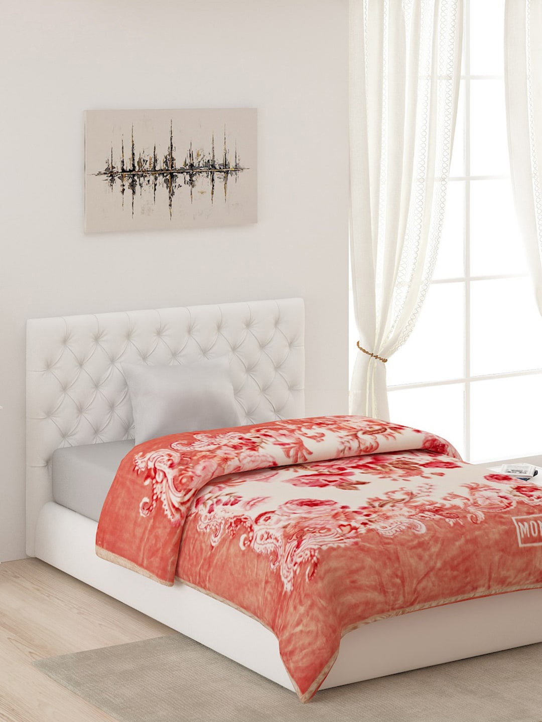 

Monte Carlo White & Peach-Coloured Floral AC Room Single Bed Blanket