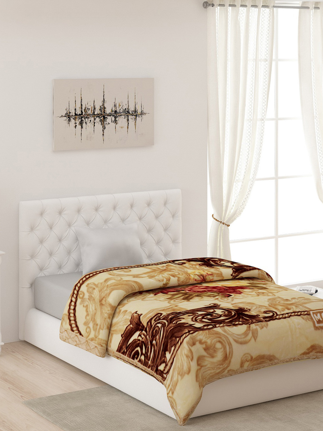 

Monte Carlo Cream-Coloured & Maroon Floral AC Room Single Bed Blanket