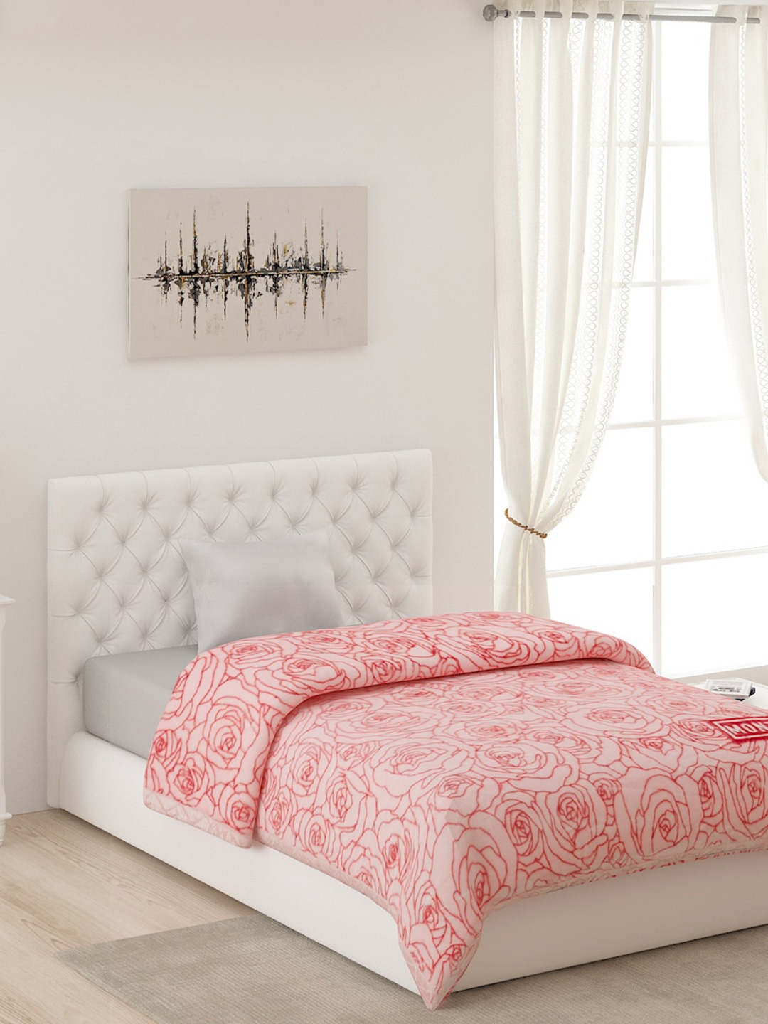 

Monte Carlo Peach-Coloured & White Floral AC Room 550 GSM Single Bed Blanket