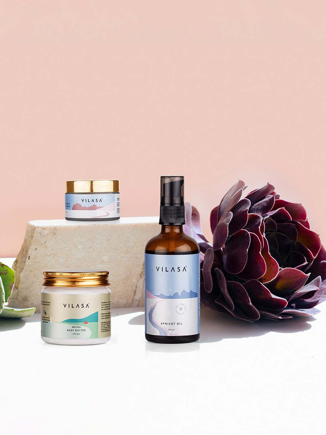 

VILASA Set of 3 Apricot Oil 100ml + Age Defence Night Cream 50g + Mridu Body Butter 200g, Transparent
