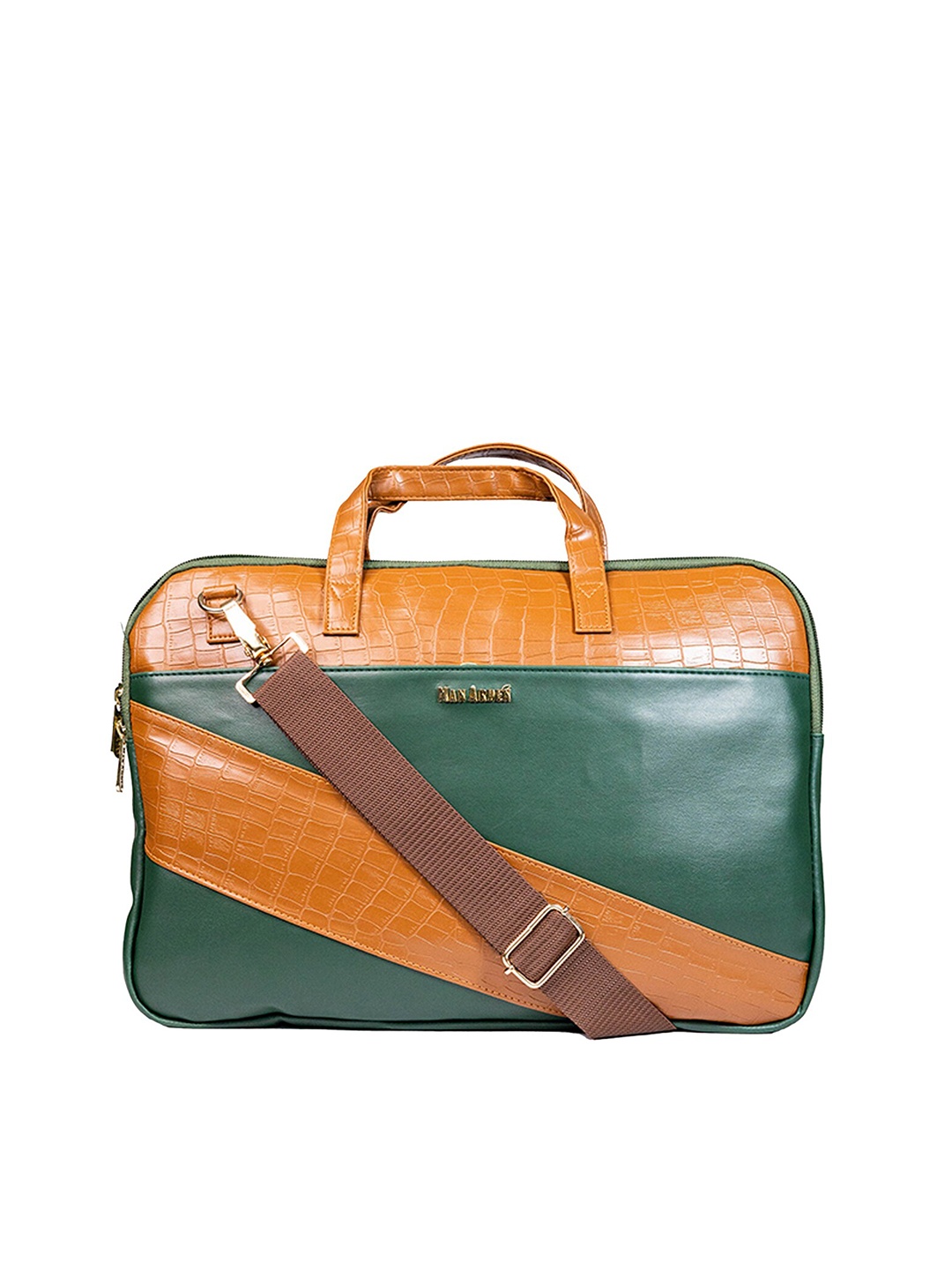 

Man Arden Men Green & Tan Textured Leather Laptop Bag