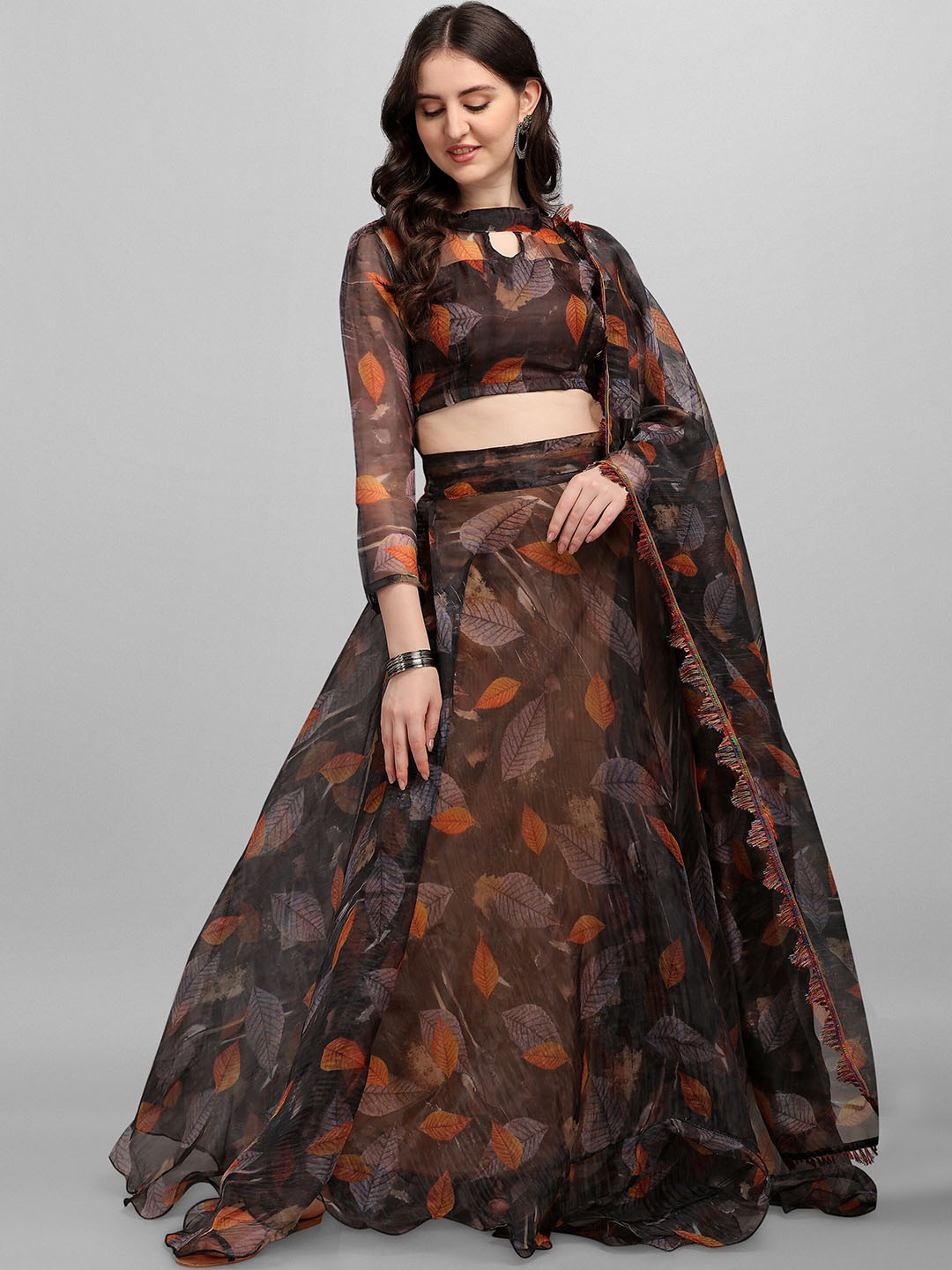 

Fashion Basket Brown & Orange Printed Semi-Stitched Lehenga & Unstitched Blouse With Dupatta