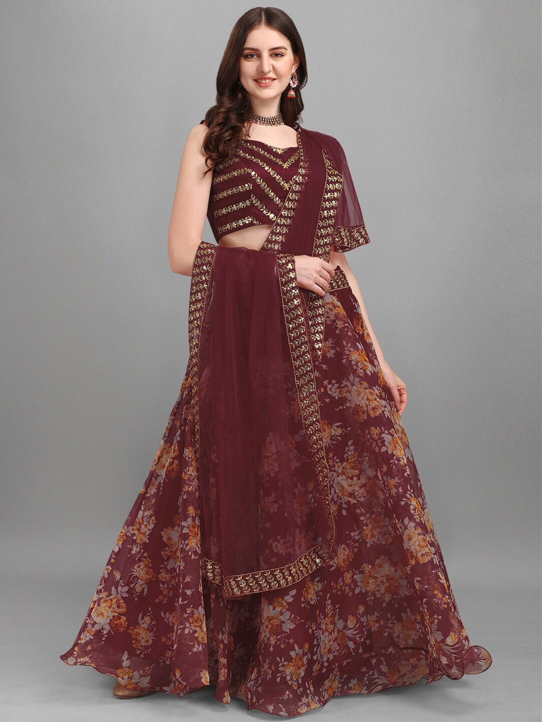 

Fashion Basket Maroon & Orange Printed Semi-Stitched Lehenga & Unstitched Blouse With Dupatta