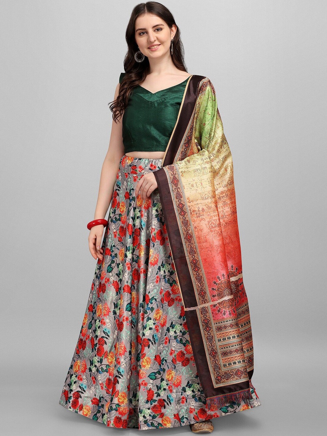 

Fashion Basket Green & Brown Semi-Stitched Lehenga & Unstitched Blouse With Dupatta