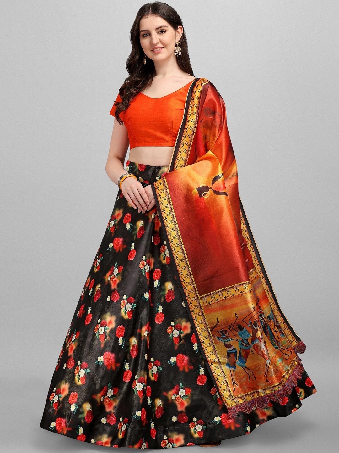 

Fashion Basket Black & Orange Semi-Stitched Lehenga & Unstitched Blouse With Dupatta