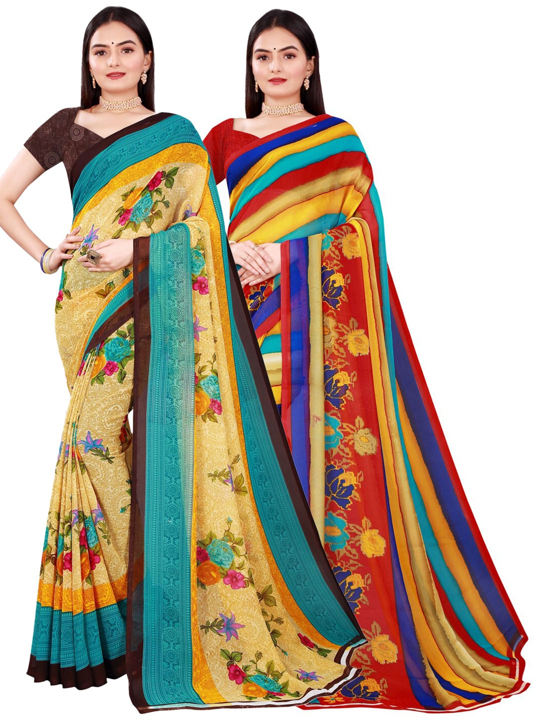 

Florence Pack of 2 Beige & Yellow Floral Pure Georgette Saree