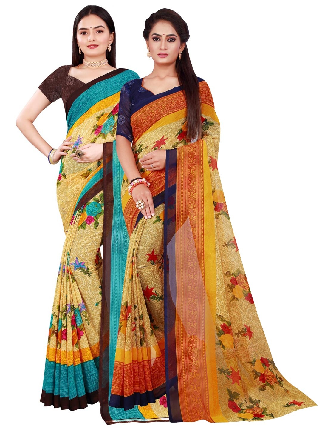

Florence Set Of 2 Beige & Yellow Floral Pure Georgette Sarees
