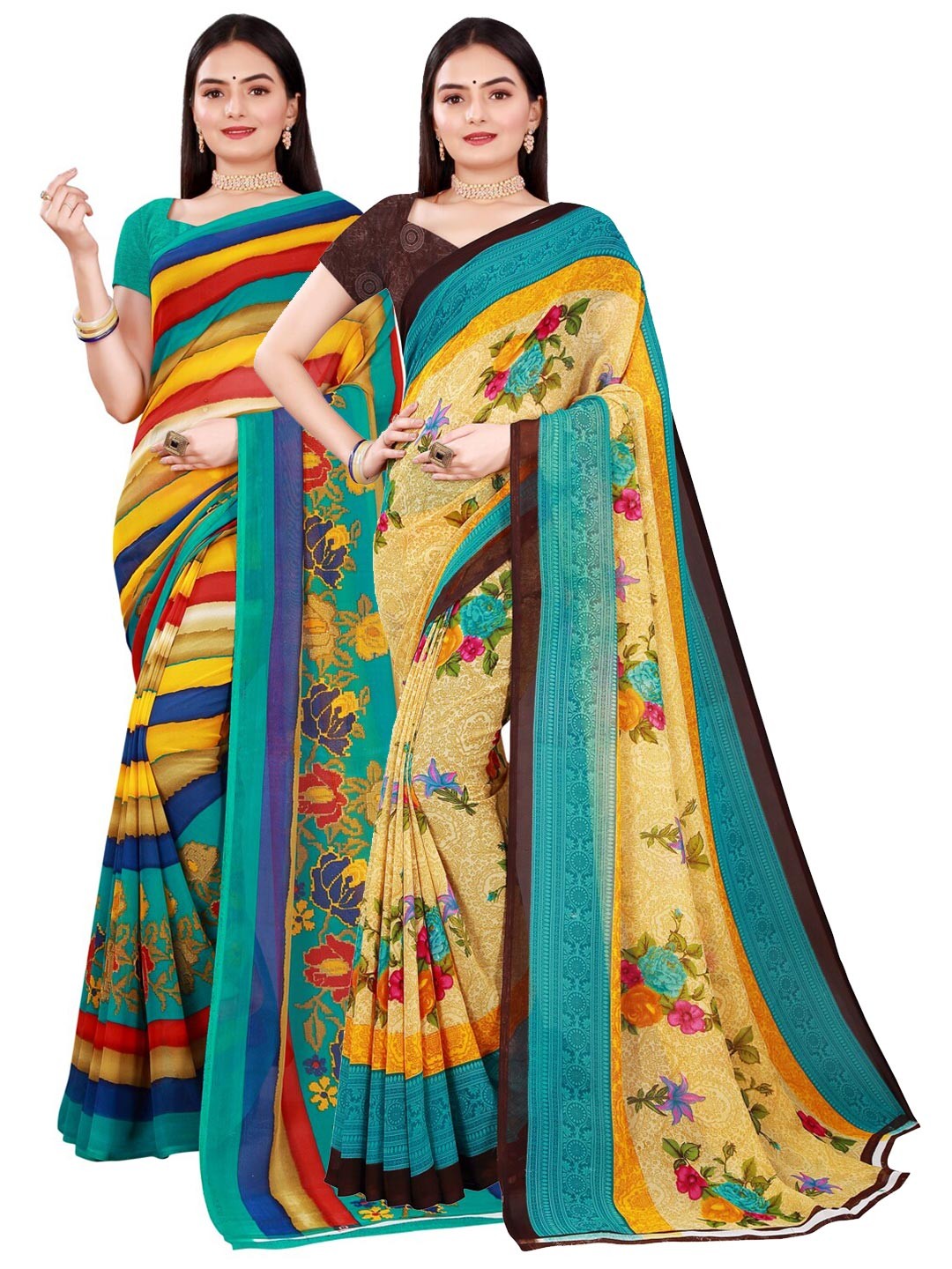 

Florence Pack of 2 Beige & Blue Pure Georgette Sarees
