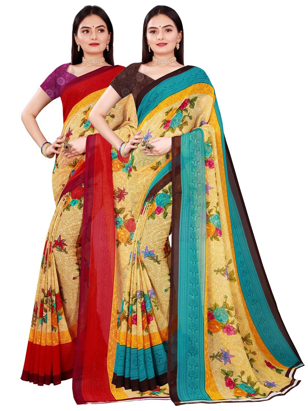 Florence Pack of 2 Beige & Red Floral Pure Georgette Saree