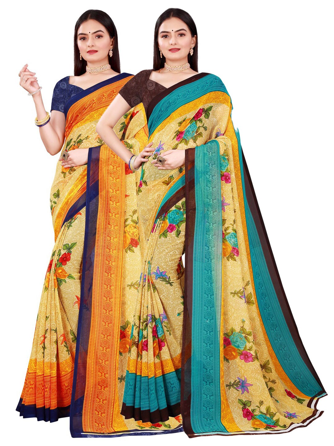 

Florence Beige & Blue Floral Pure Georgette Pack Of 2 Saree