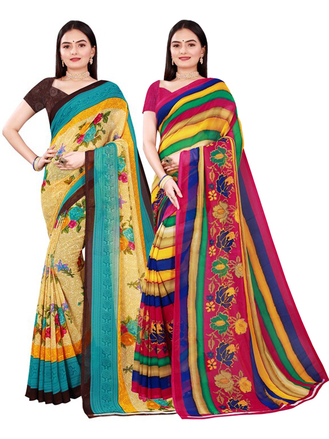 

Florence Pack of 2 Beige & Yellow Pure Georgette Saree