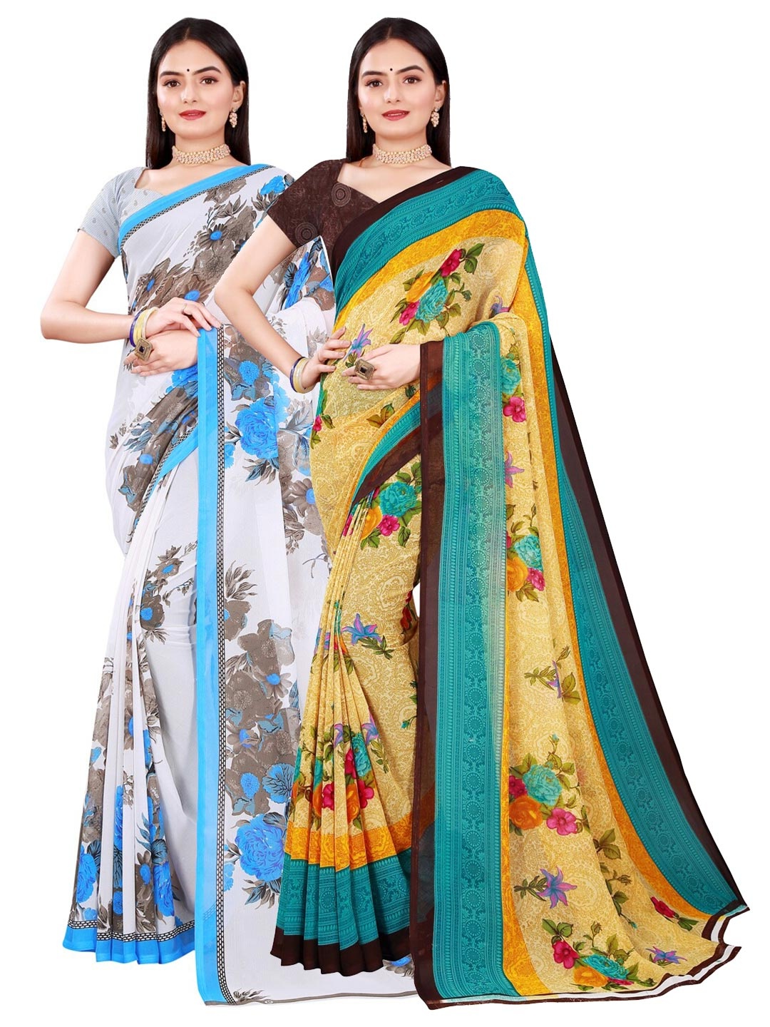 

Florence Women Pack Of 2 Beige & White Floral Printed Pure Georgette Saree