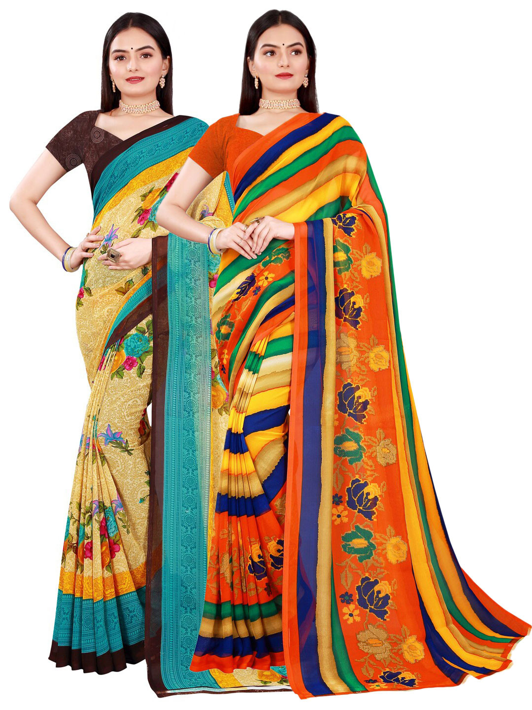 

Florence Pack of 2 Yellow & Blue Floral Pure Georgette Saree