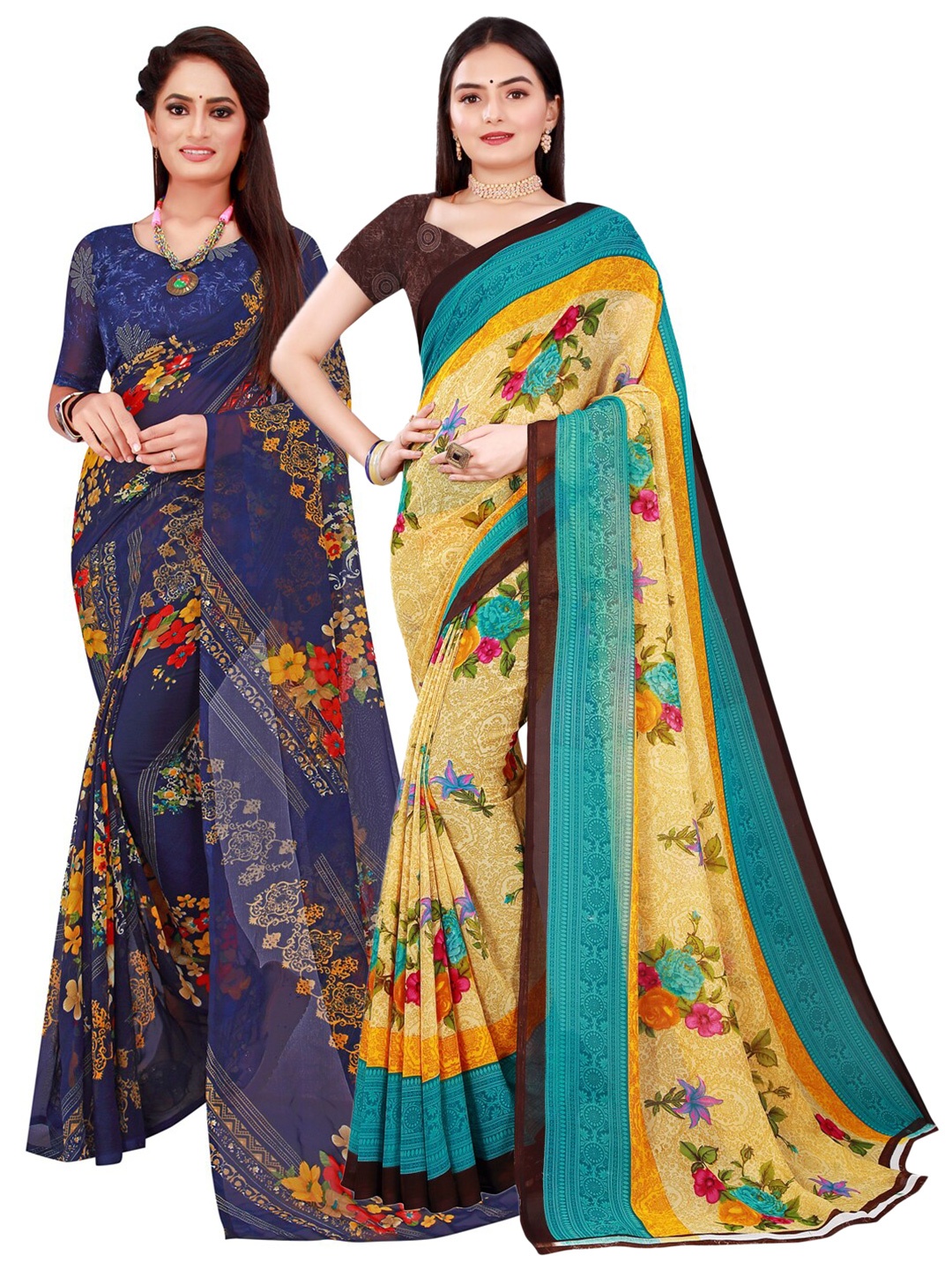 

Florence Beige & Navy Blue Pack of 2 Floral Pure Georgette Saree