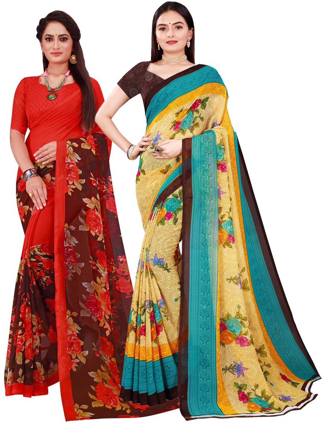 

Florence Beige & Red Floral Pure Georgette Saree
