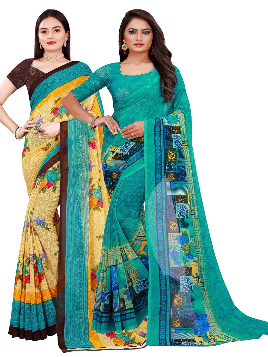 

Florence Pack of 2 Beige & Blue Floral Pure Georgette Saree