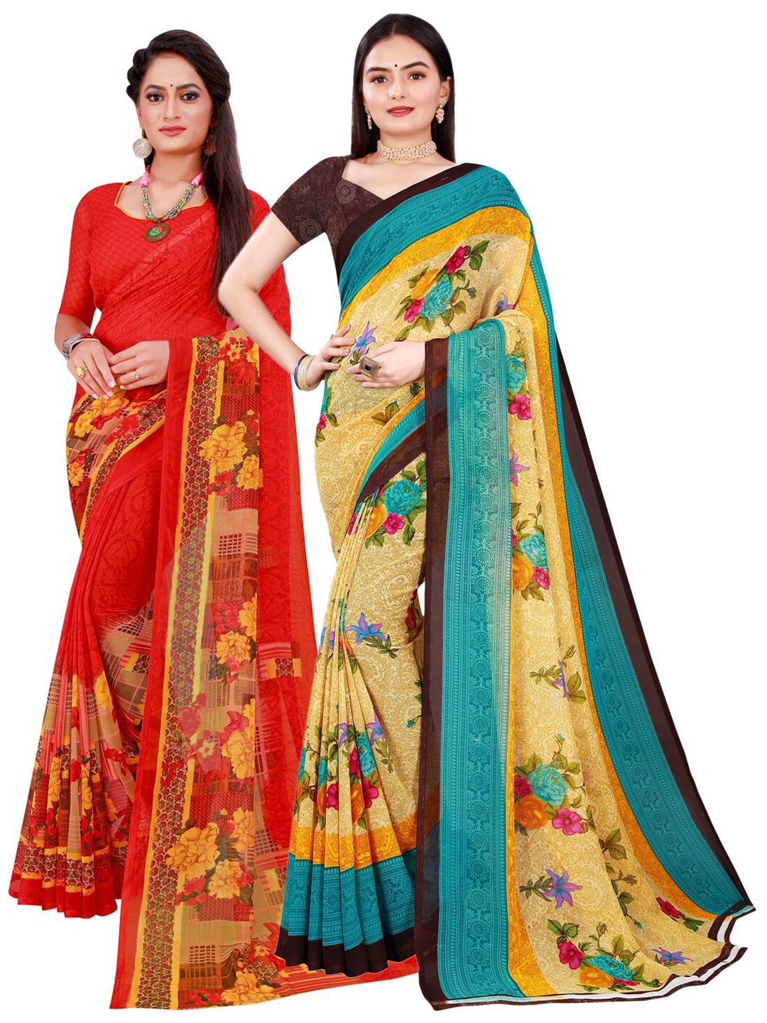 

Florence Pack of 2 Beige & Red Pure Georgette Sarees