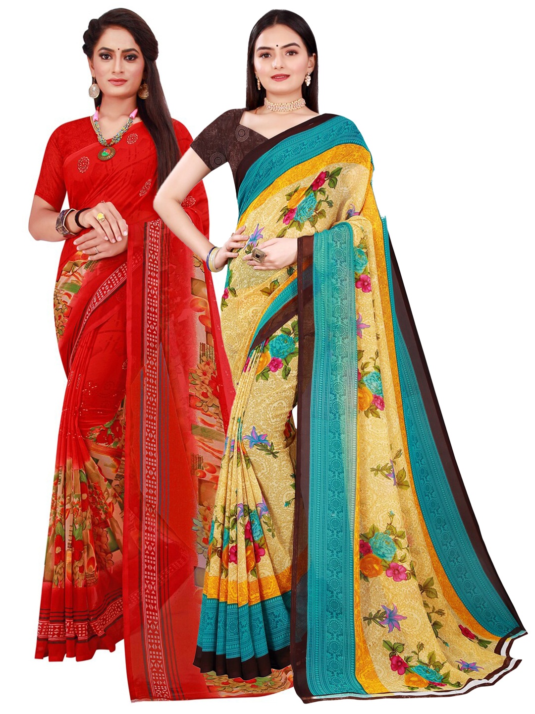 Florence Pack of 2 Beige & Red Floral Pure Georgette Saree