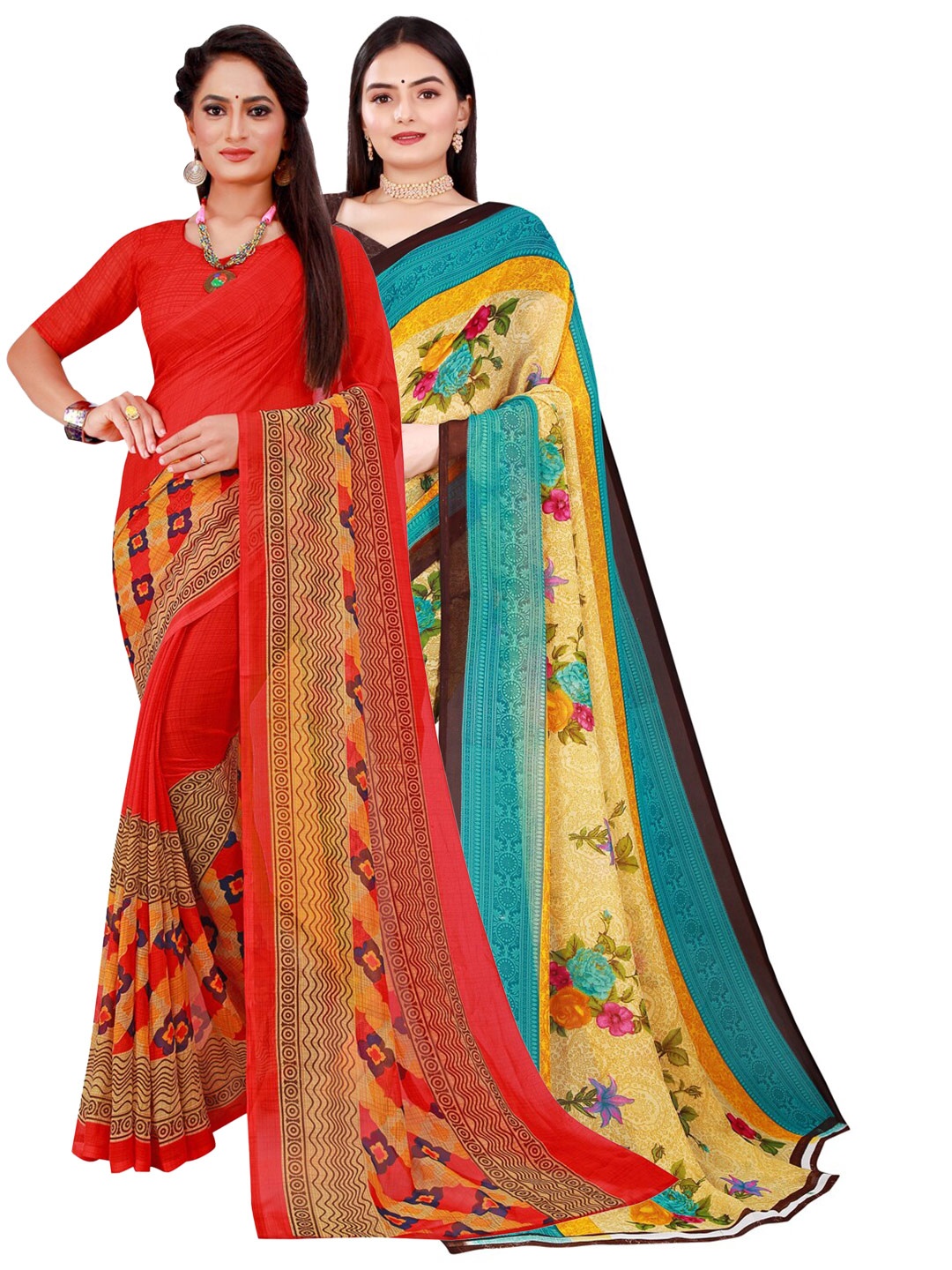 

Florence Pack of 2 Beige & Blue Floral Pure Georgette Saree