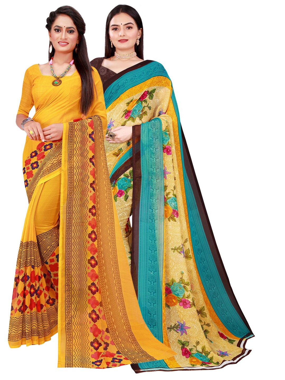 Florence Pack Of 2 Beige & Yellow Floral Pure Georgette Saree