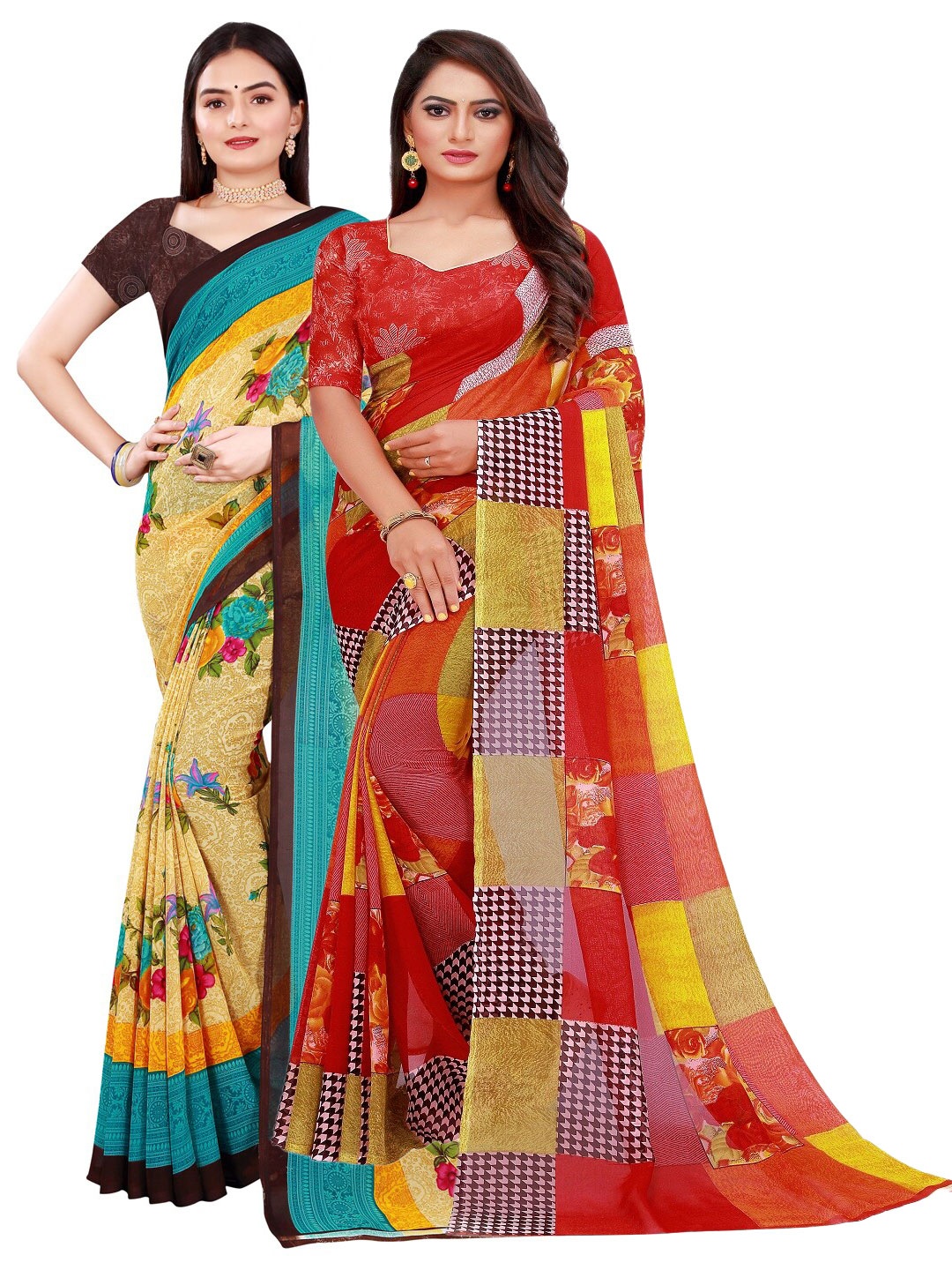 

Florence Pack of 2 Beige & Red Floral Pure Georgette Saree