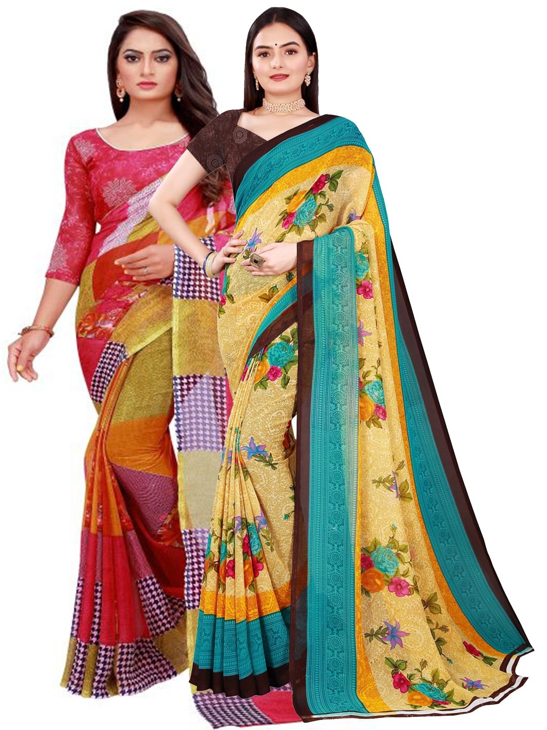 

Florence Pack of 2 Beige & Red Pure Georgette Saree