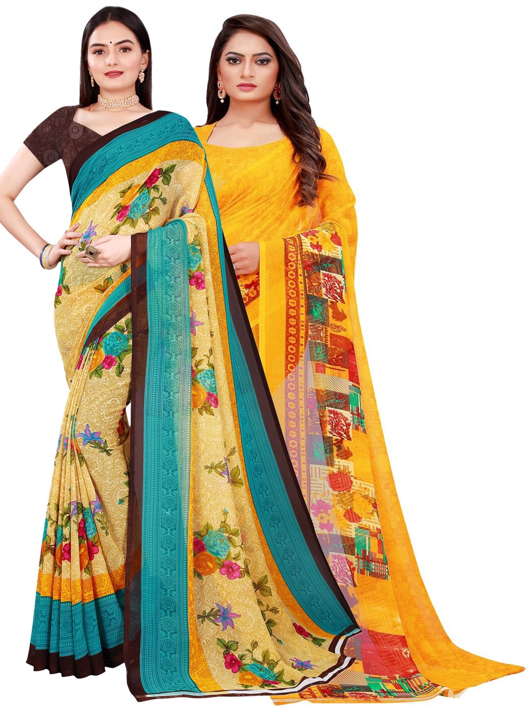 

Florence Beige & Blue Pack of 2 Floral Pure Georgette Saree