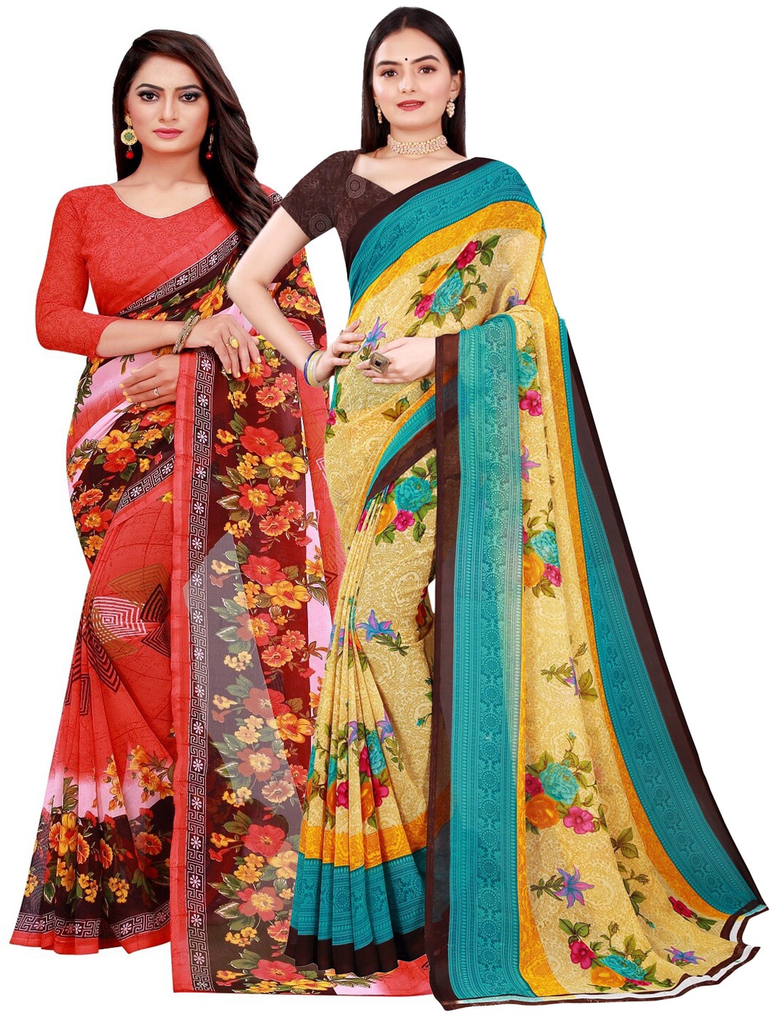 

Florence Pack Of 2 Beige & Red Printed Pure Georgette Saree With Unstitched Blouse