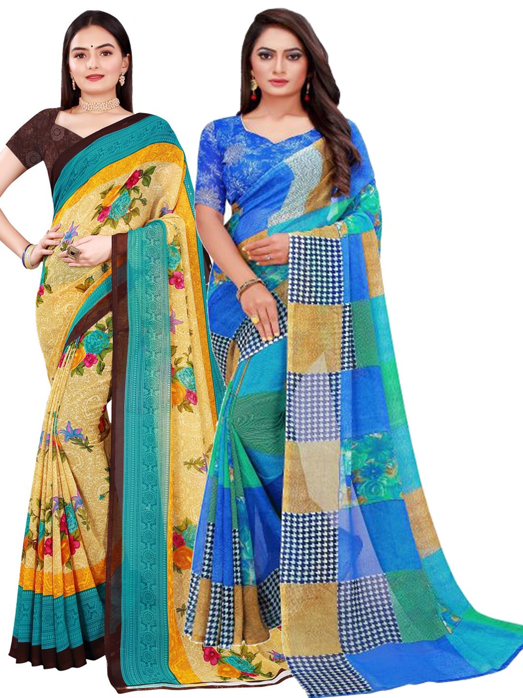 

Florence Beige & Blue Pure Georgette Pack Of 2 Saree