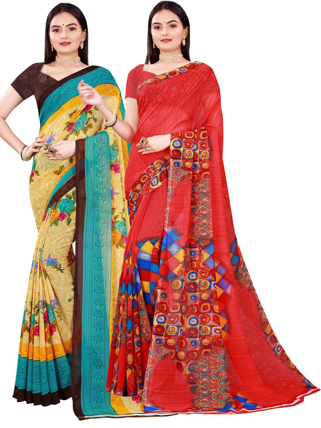 Florence Women Pack Of 2 Beige & Red Floral Printed Pure Georgette Saree