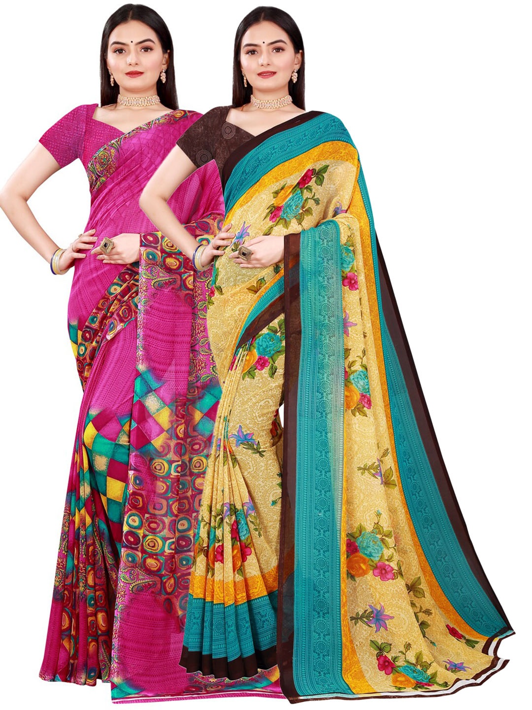 

Florence Pack of 2 Beige & Blue Floral Pure Georgette Saree