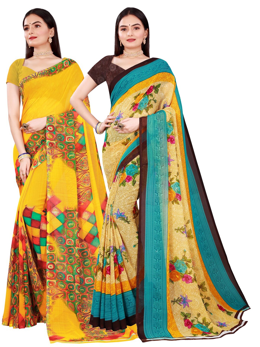 

Florence Set Of 2 Beige & Yellow Floral Pure Georgette Saree