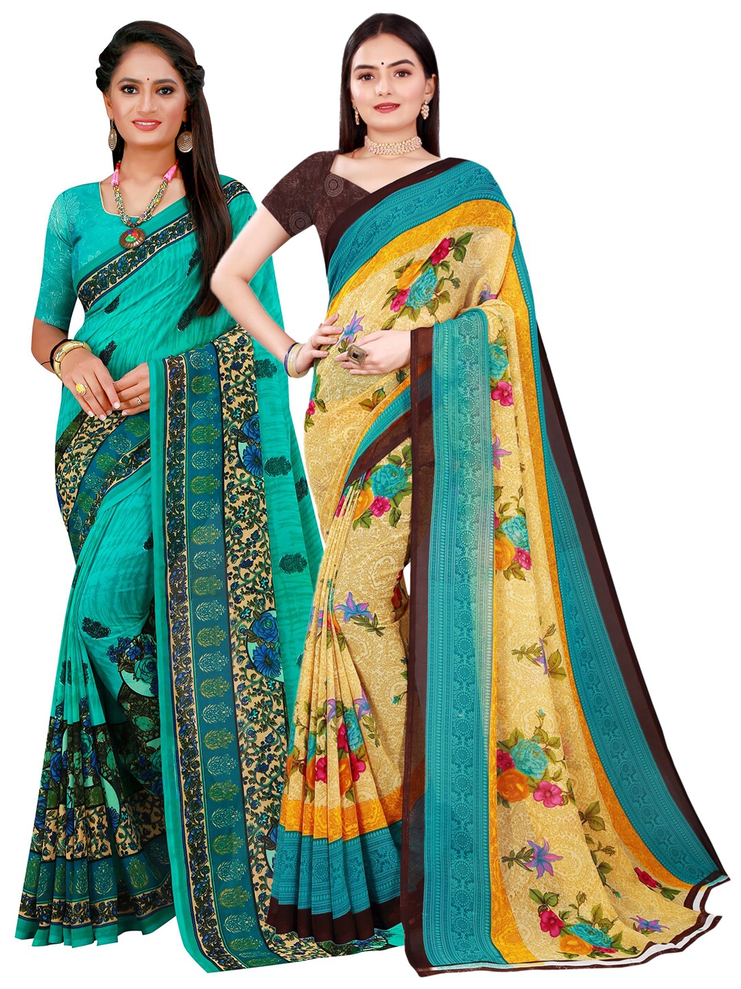 

Florence Pack of 2 Yellow & Blue Floral Pure Georgette Saree