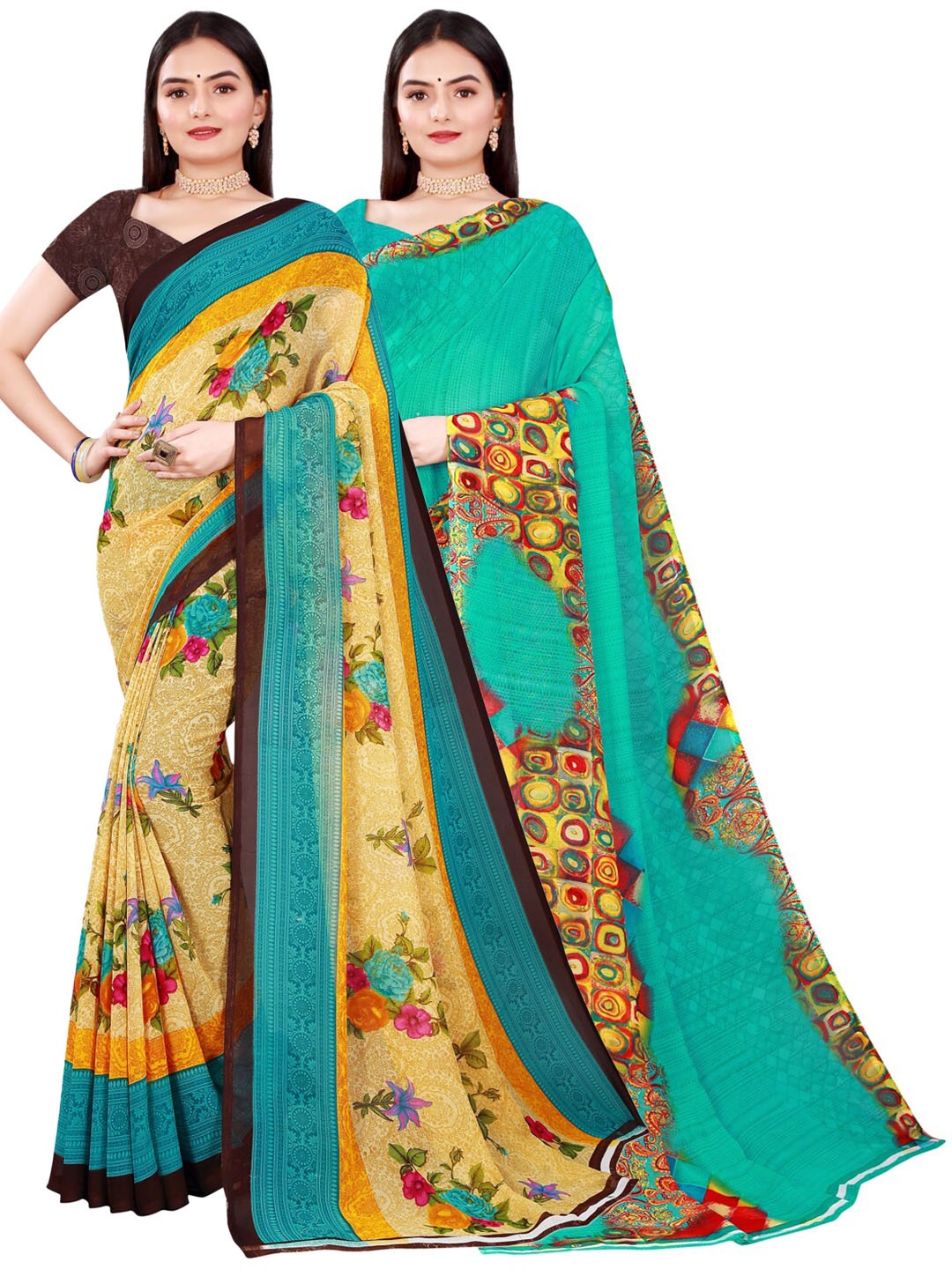 Florence Women Pack Of 2 Beige & Green Printed Pure Georgette Saree