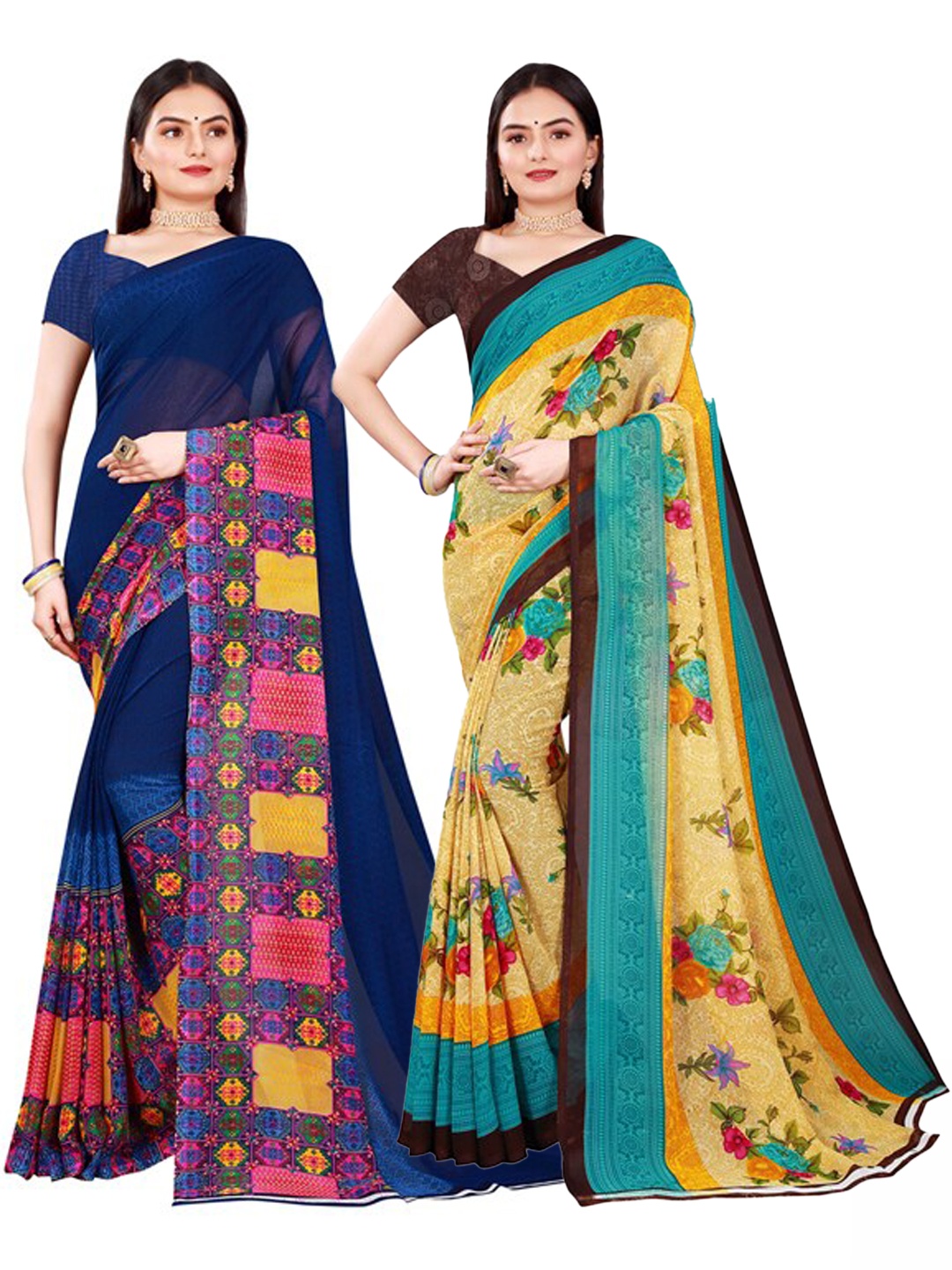 

Florence Set Of 2 Beige & Pink Floral Pure Georgette Saree