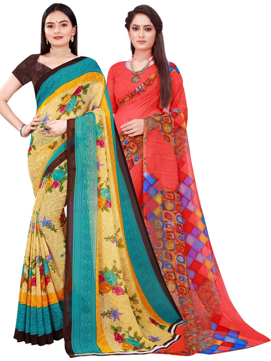 

Florence Pack of 2 Beige & Red Floral Pure Georgette Saree