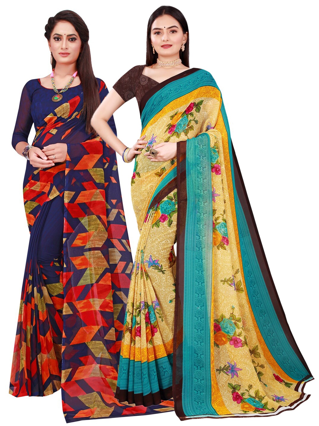 

Florence Set Of 2 Beige & Navy Blue Floral Pure Georgette Saree