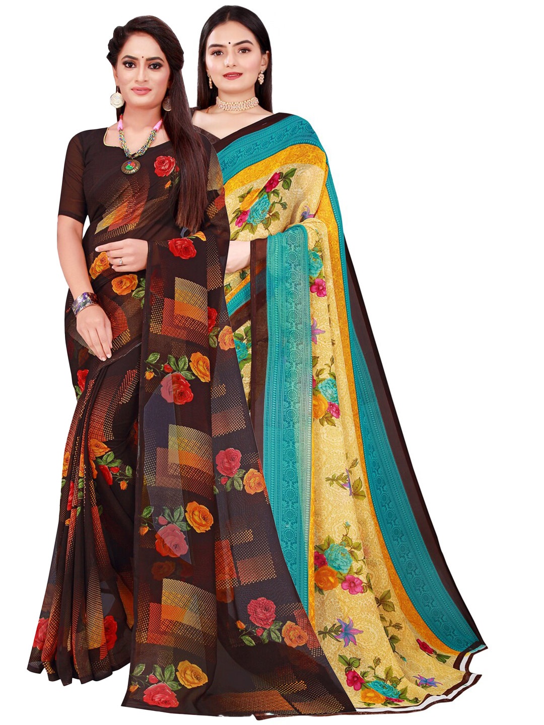 

Florence Set Of 2 Beige & Brown Floral Pure Georgette Saree