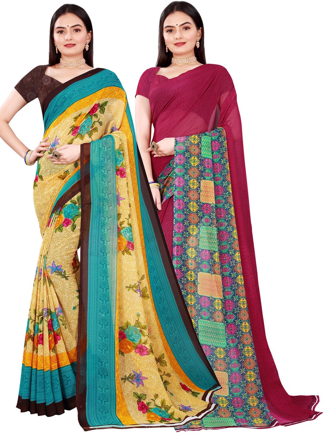 

Florence Pack of 2 Yellow & Pink Floral Pure Georgette Saree