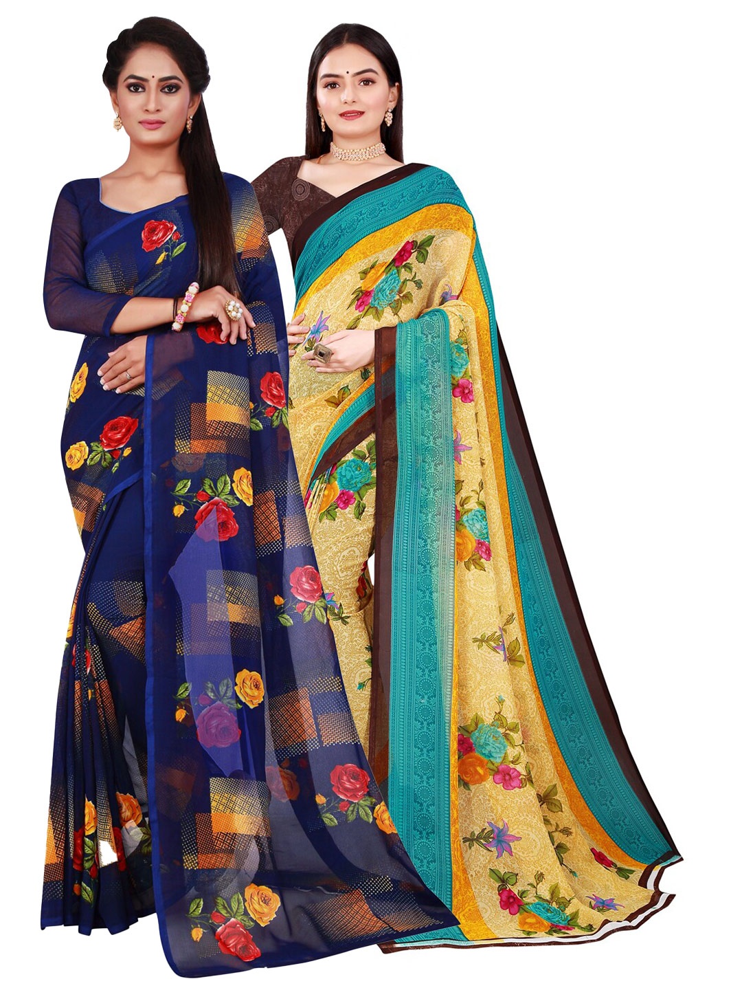 

Florence Beige & Navy Blue Pure Georgette Saree