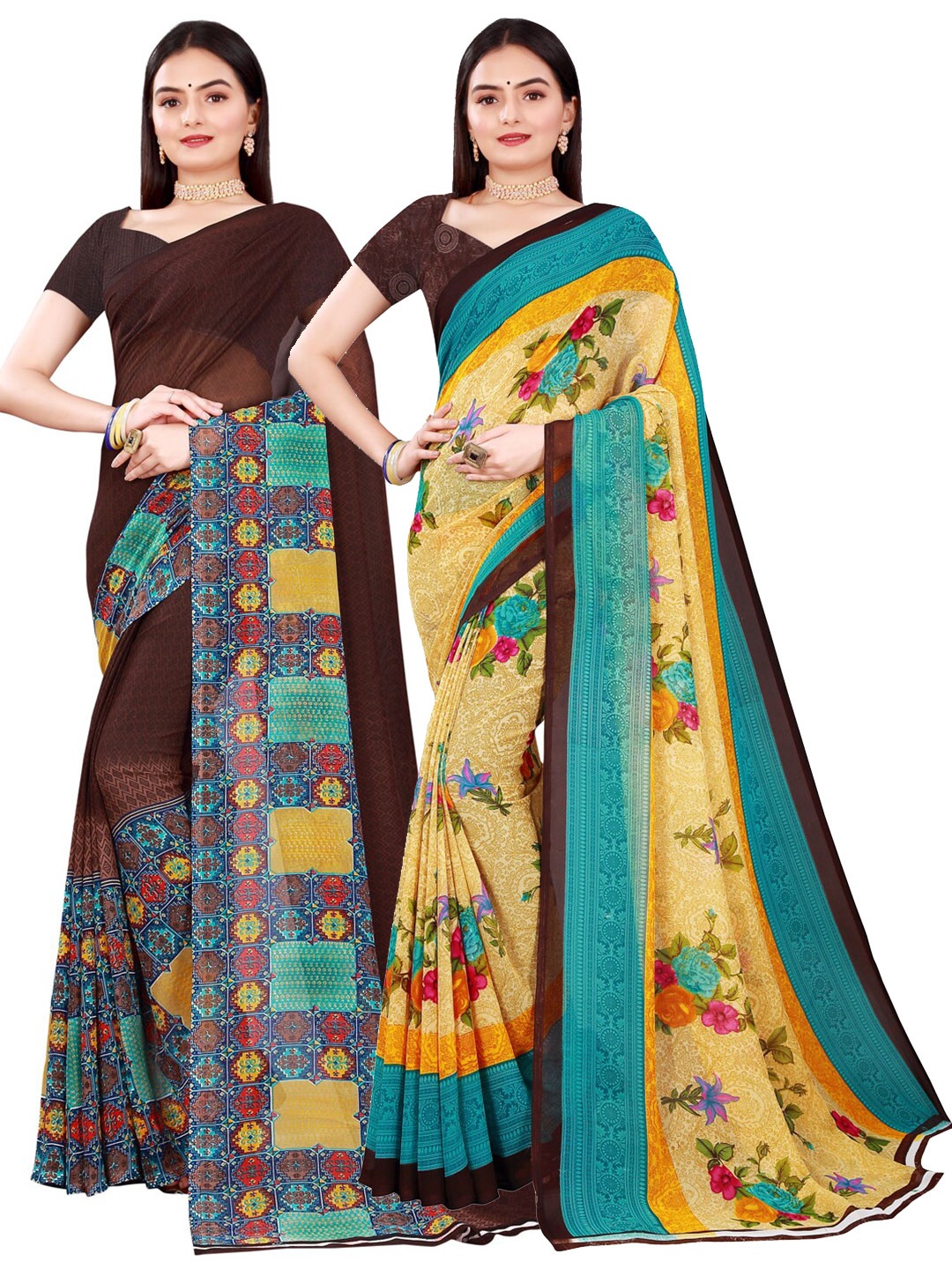 Florence Pack of 2 Beige & Brown Floral Pure Georgette Saree