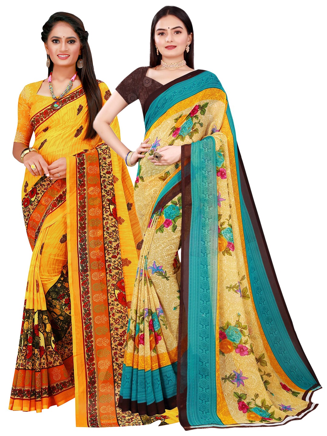 Florence Beige & Yellow Pure Georgette Saree