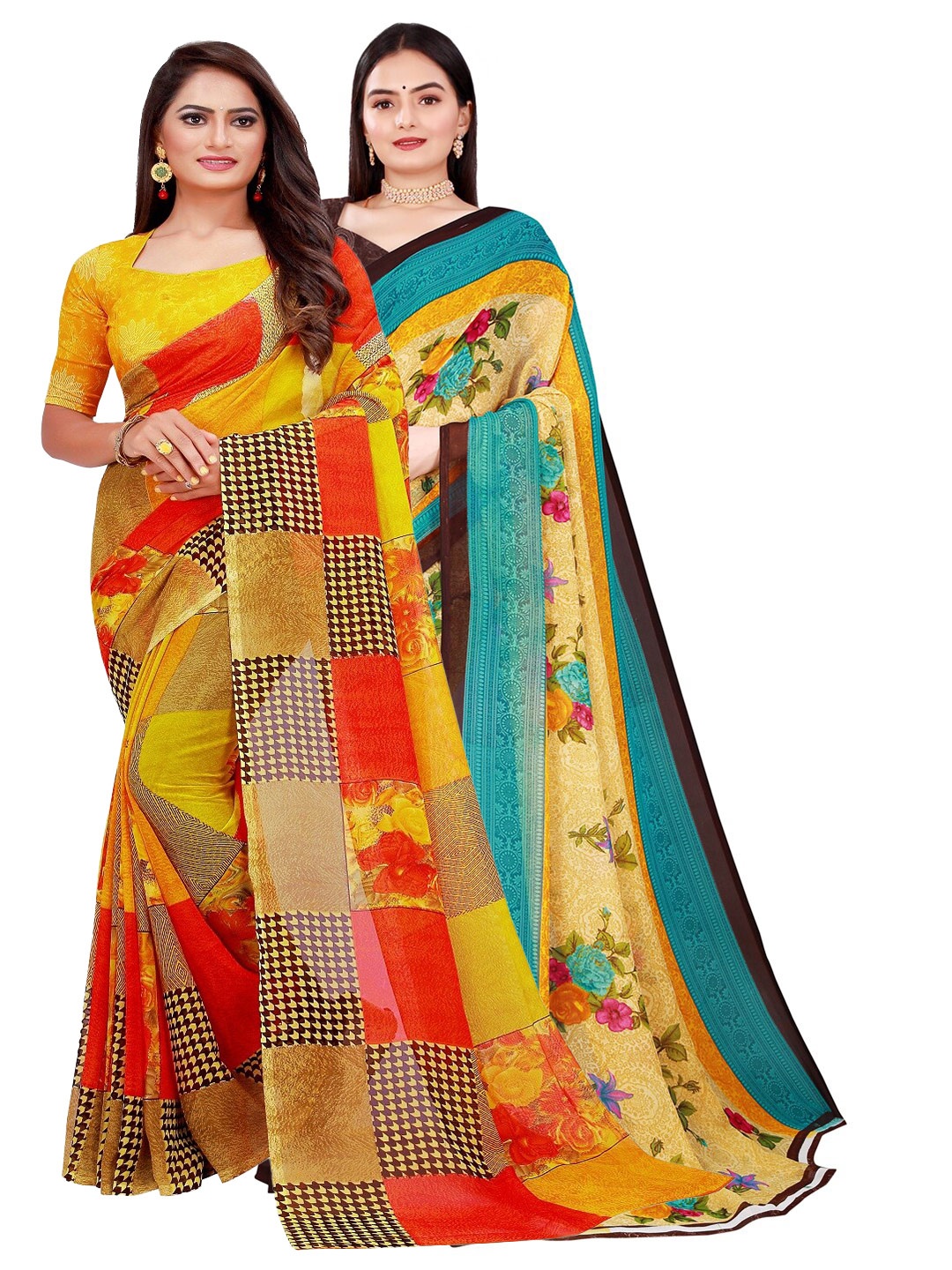 

Florence Set Of 2 Beige & Yellow Floral Pure Georgette Sarees