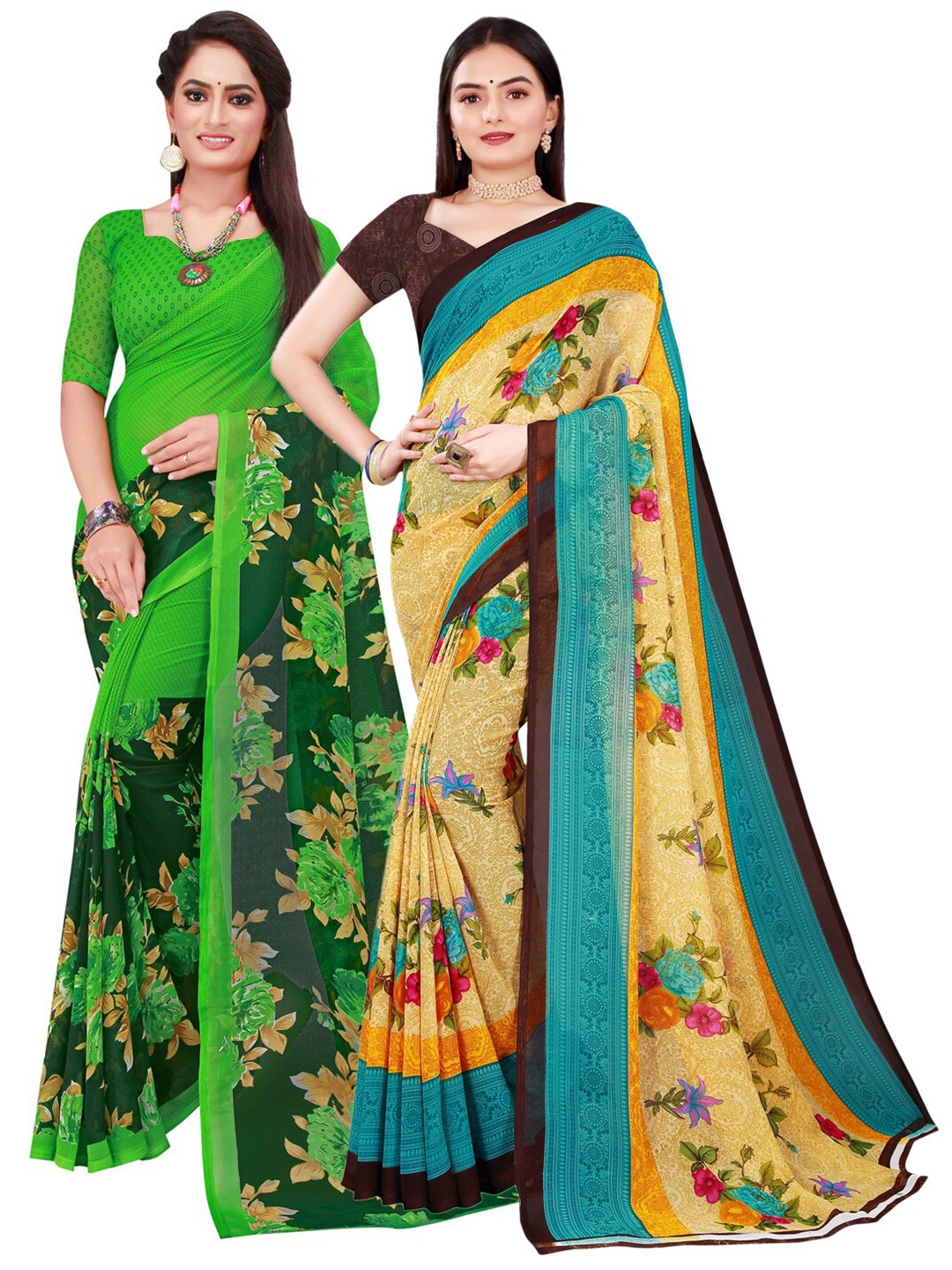 

Florence Pack Of 2 Beige & Green Floral Pure Georgette Saree