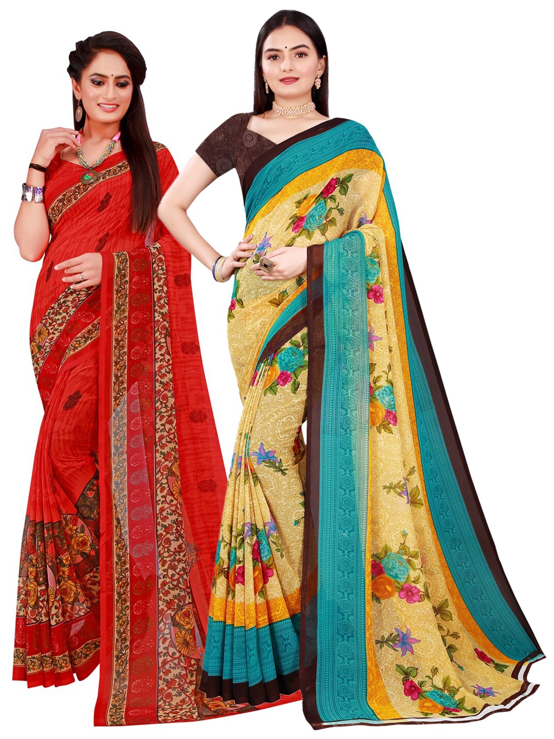 Florence Women Pack Of 2 Beige & Red Printed Pure Georgette Saree