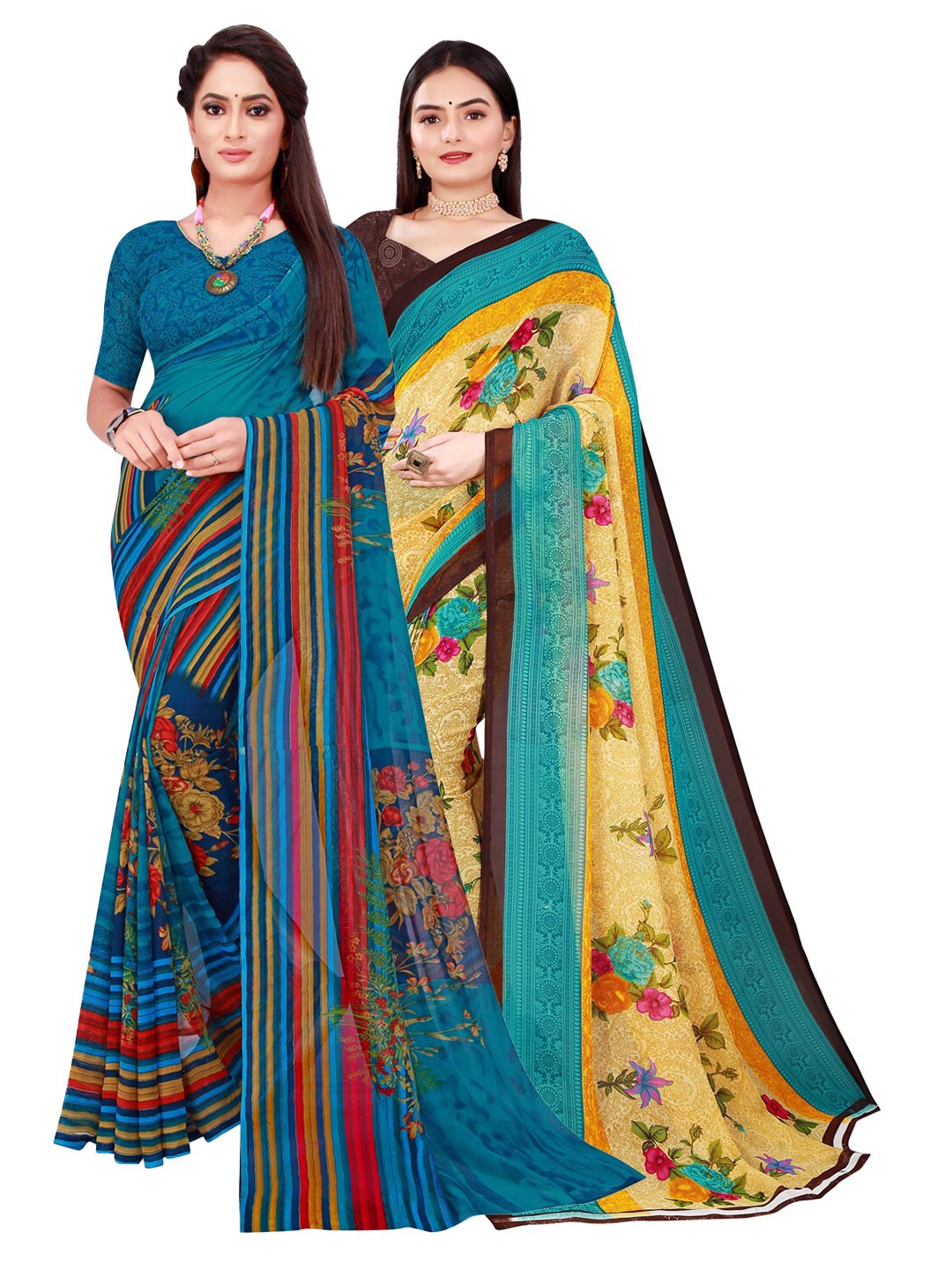 

Florence Pack Of 2 Beige & Blue Floral Pure Georgette Saree
