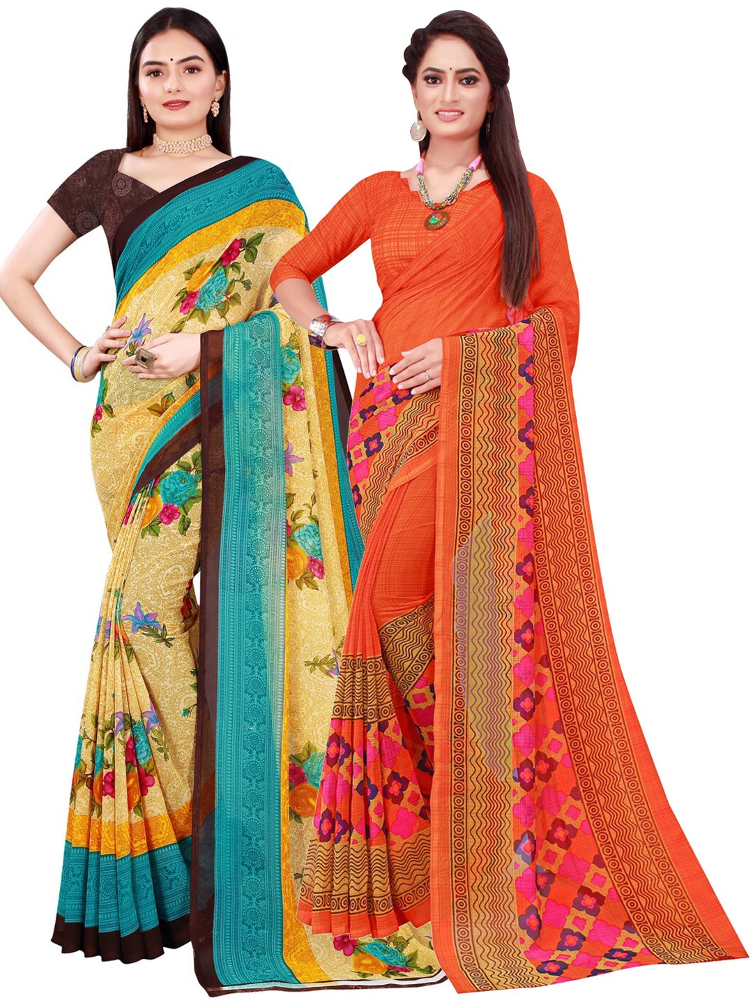 

Florence Pack of 2 Beige & Red Pure Georgette Saree