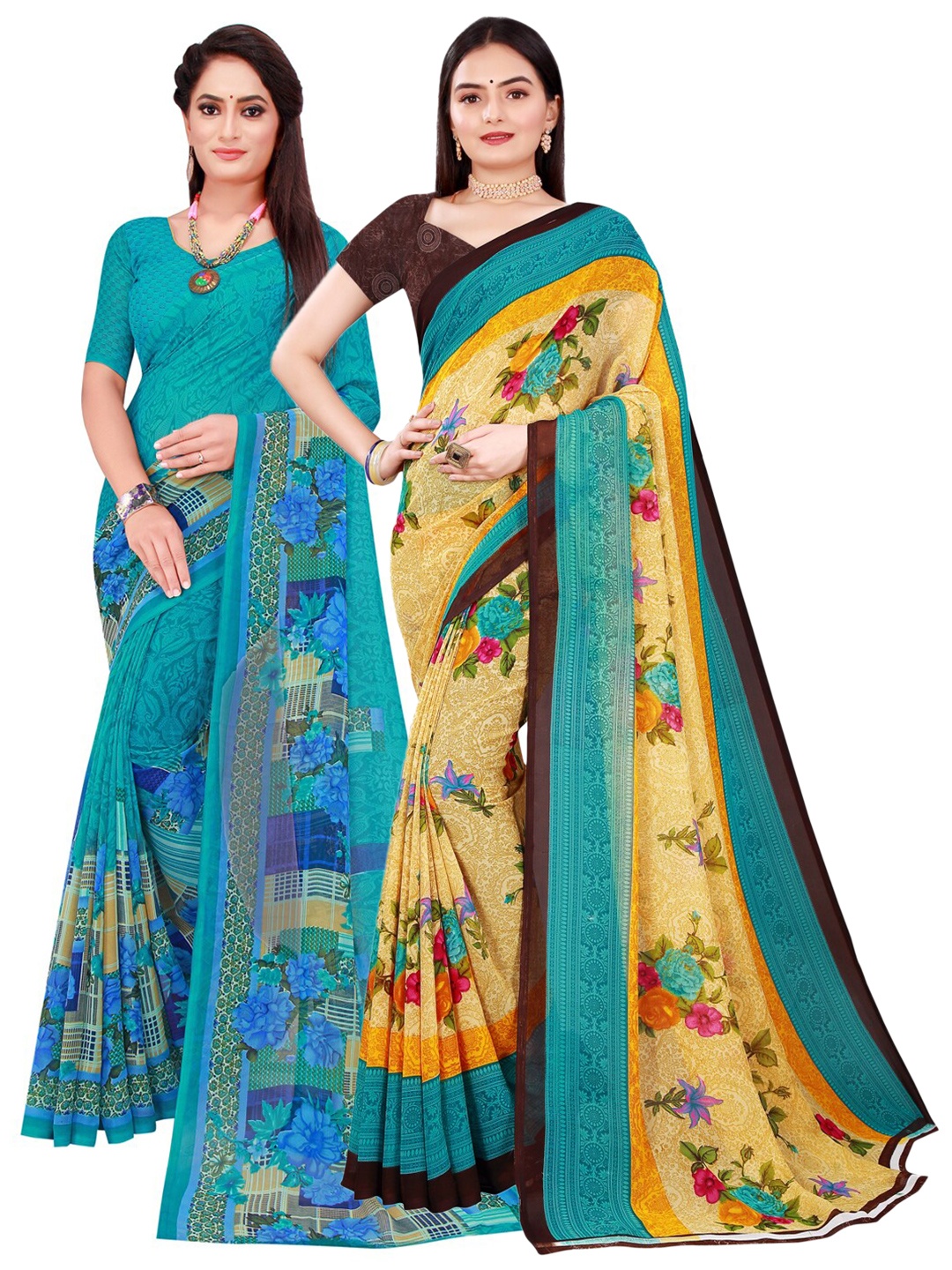 

Florence Beige & Blue Set Of 2 Printed Pure Georgette Saree
