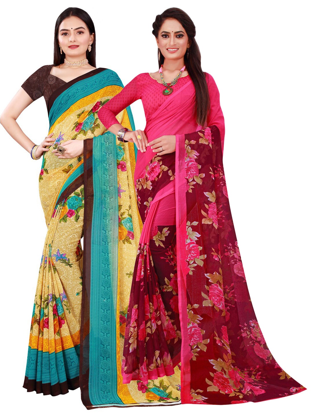 

Florence Pack of 2 Beige & Pink Floral Pure Georgette Saree